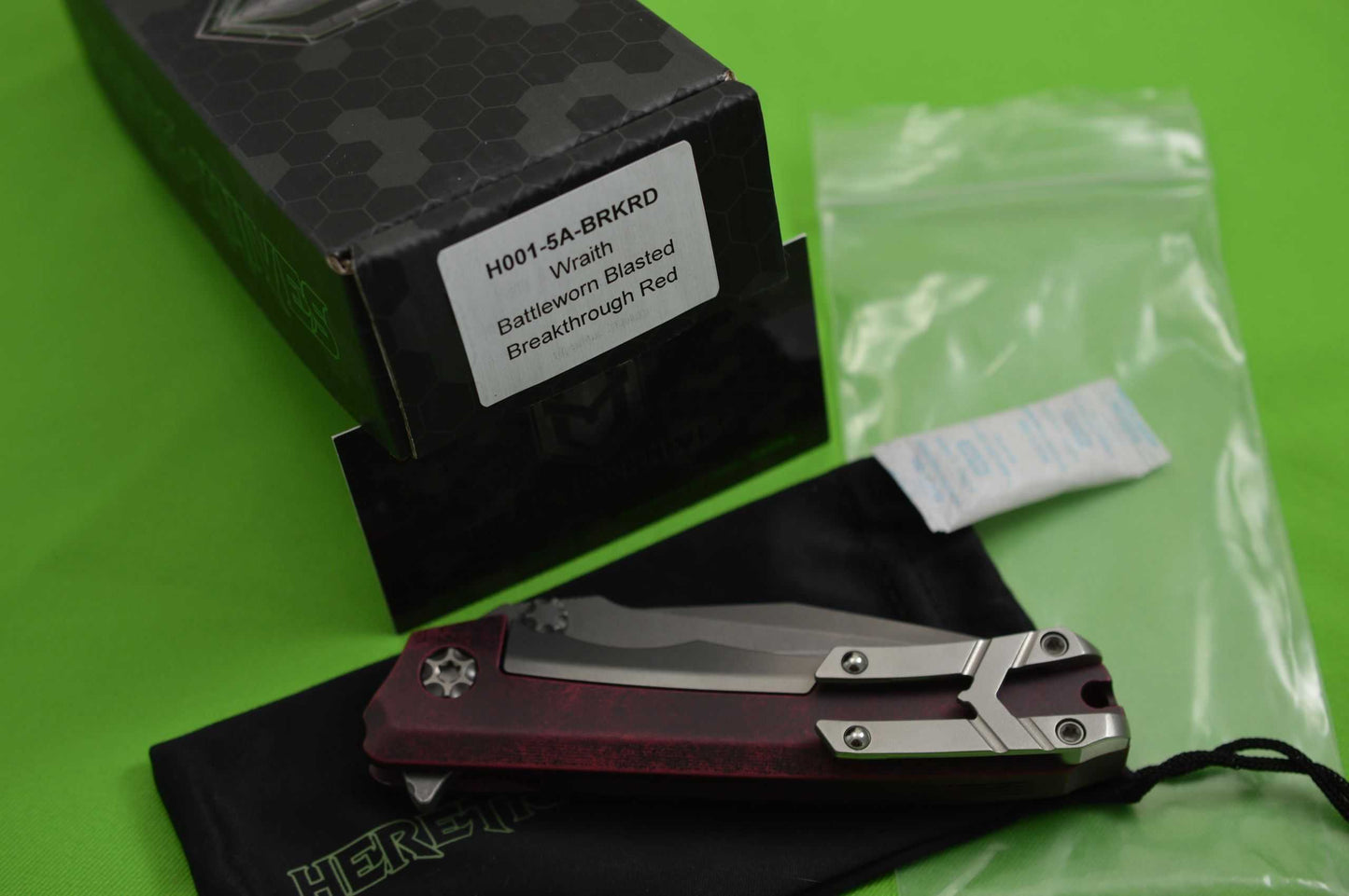 Heretic Knives WRAITH Flipper, Battleworn Blasted CPM-154, Breakthrough Red Frame (SOLD)
