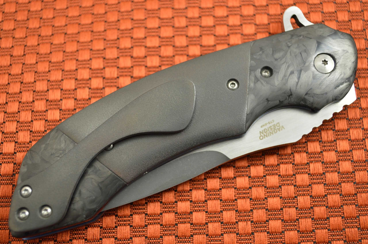 Olamic Cutlery Custom Wayfarer Classic Flipper, Double Marbled CF Bolsters, Orange Peel Zirconium (SOLD)