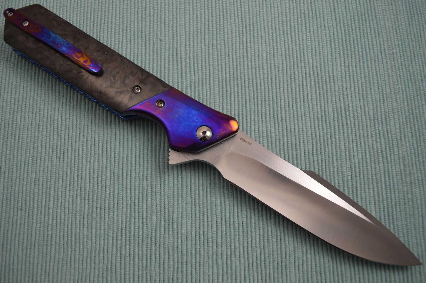 Olamic Cutlery Rainmaker, Marbled Carbon Fire Scales, Harpoon Blade, Ti-Damascus Bolster / Clip (SOLD)