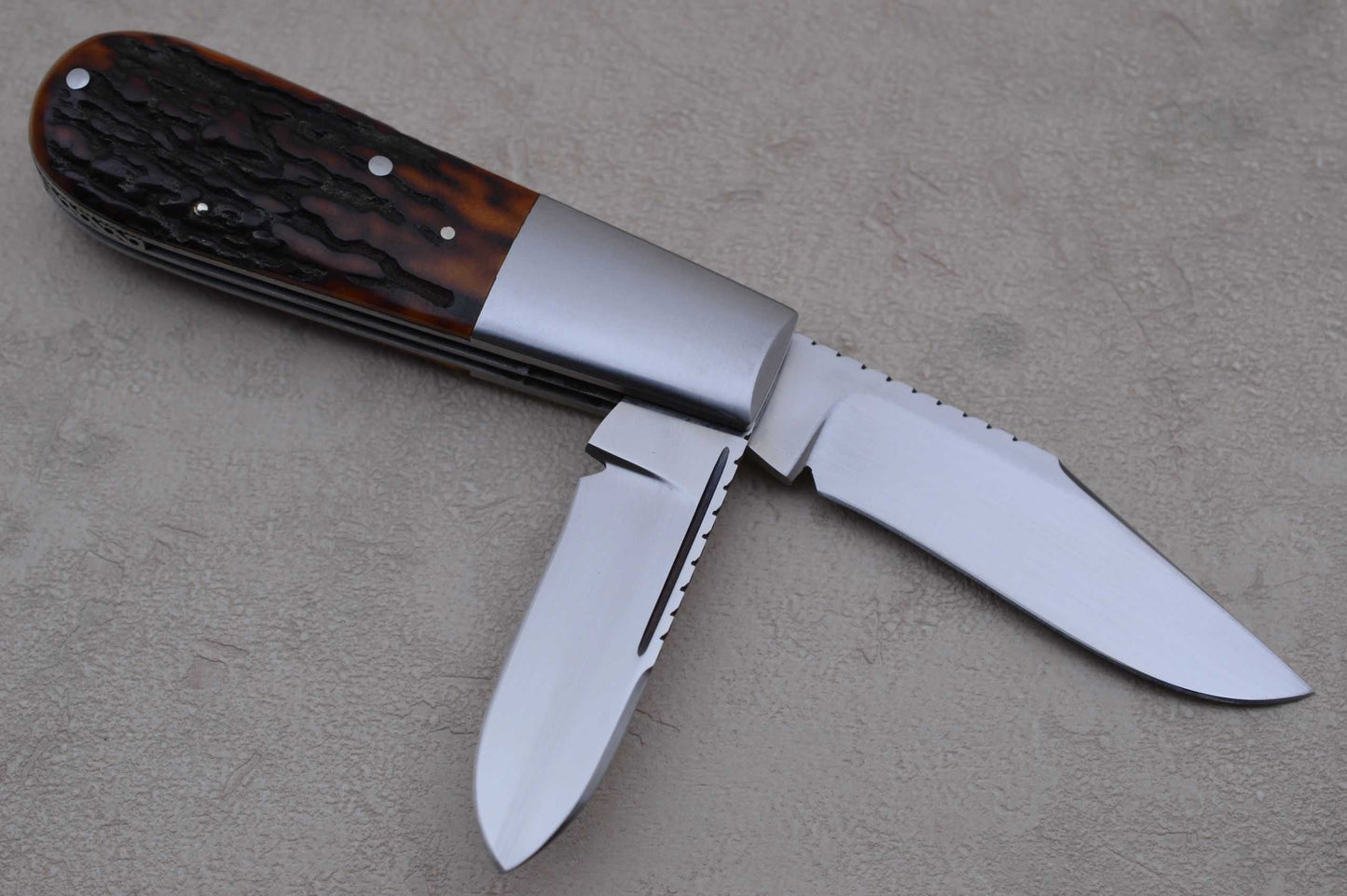 Rusty Preston Amber Stag 2-Blade Barlow, Roman Knot File-Work (SOLD)