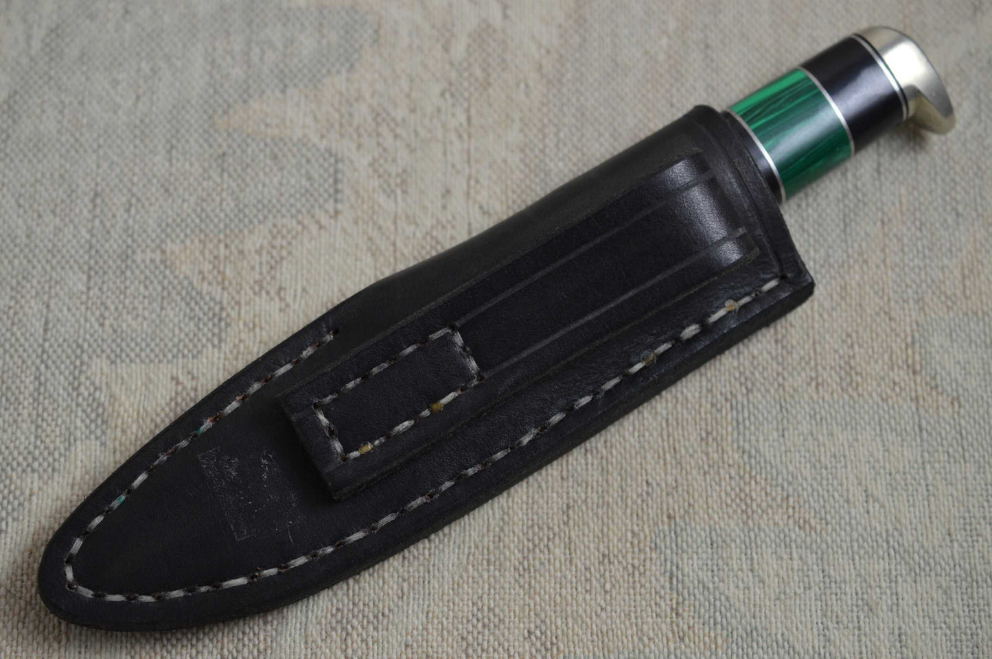 Gib Guignard Malachite and Onyx Custom Hunting Knife, Leather Sheath (SOLD)