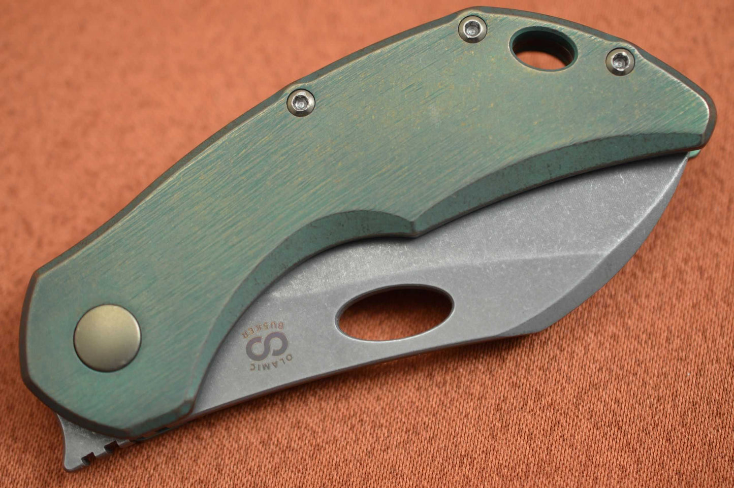 Olamic Cutlery BUSKER, Largo M390 Stonewashed Blade, Kinetic Rainforest Titanium Frame (SOLD)