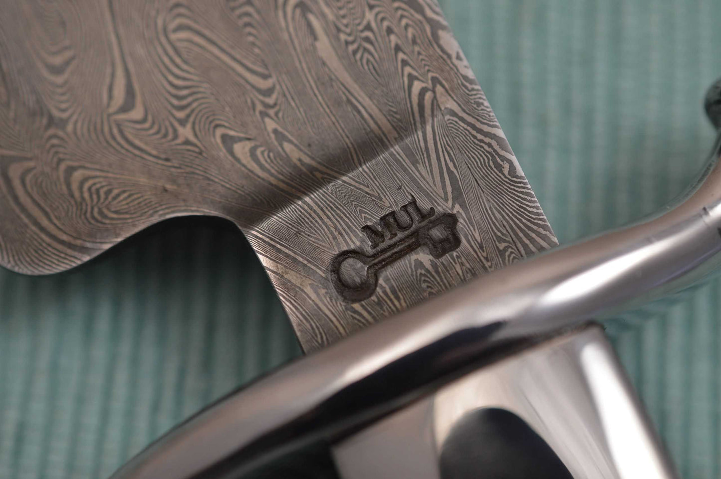 Gary Mulkey Merovingian Pattern Damascus FIGHTER, Fossilized Natural Handle (SOLD)