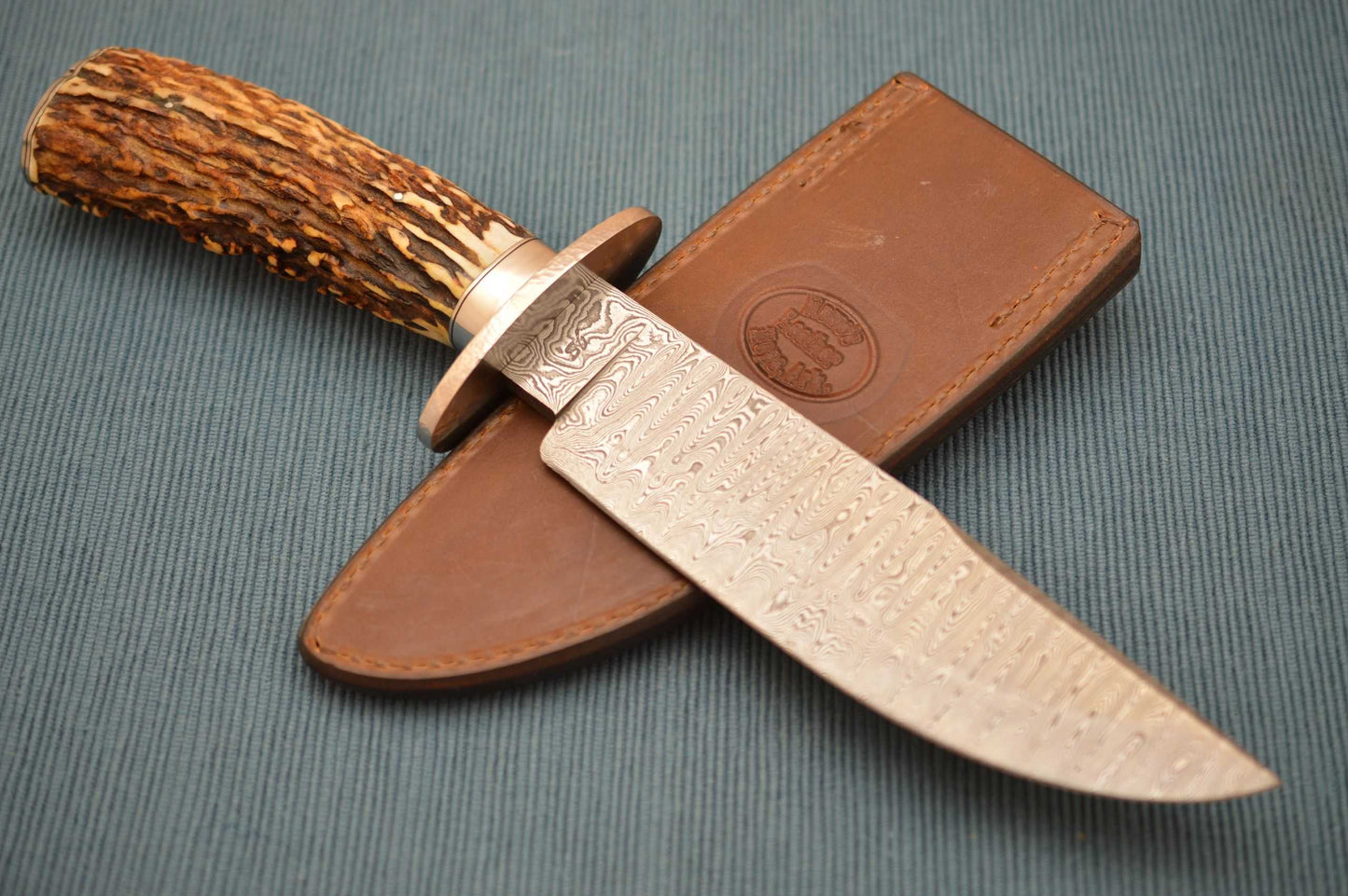 Mike Ruth Stag Damascus Bowie Knife + Rowe Leather Sheath