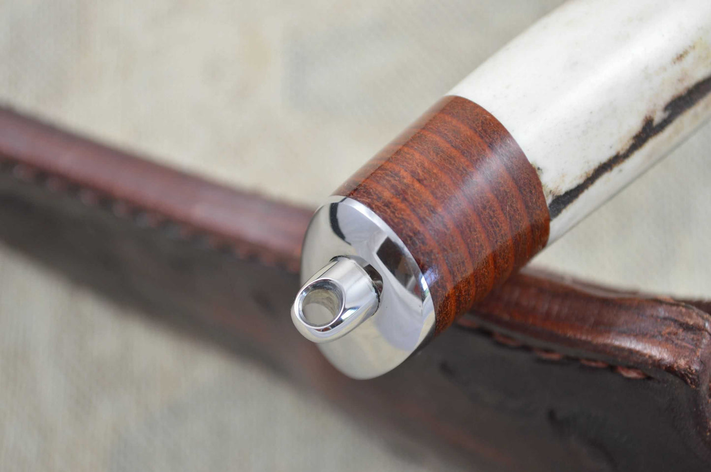 Jim Siska Drop Point Recurve Hunter, Stag and Stacked Leather Handle (SOLD)