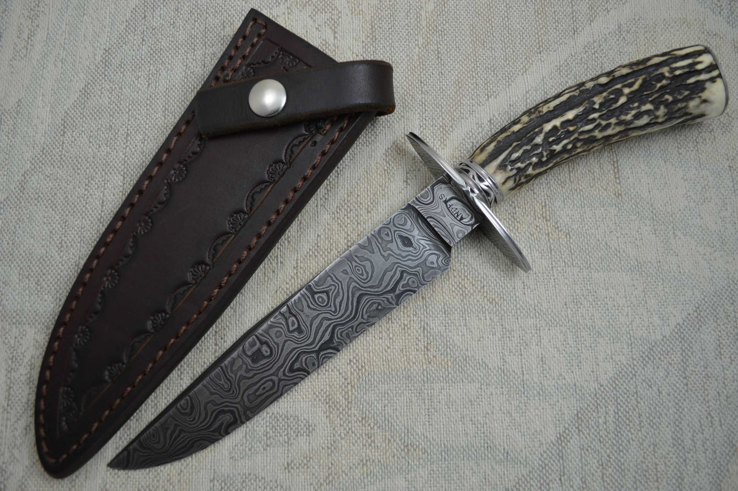 David Anders M.S. Damascus / Stag Bowie, Rowe Leather Sheath (SOLD)