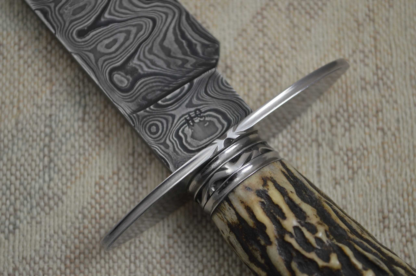 David Anders M.S. Damascus / Stag Bowie, Rowe Leather Sheath (SOLD)