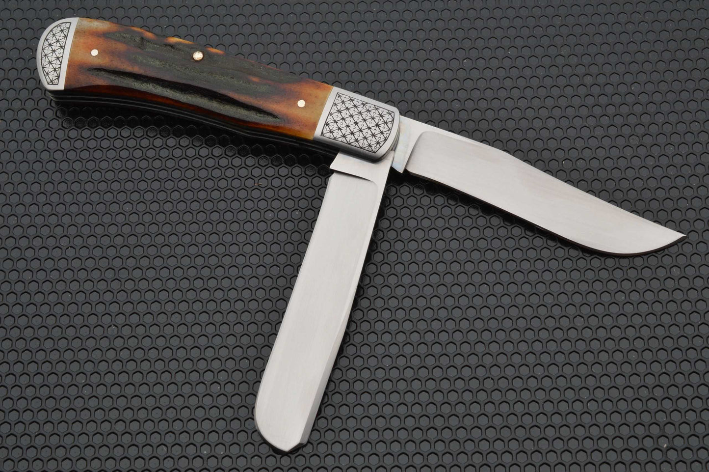 Bill Ruple 2-Blade Amber Stag Trapper, Engraved Bolsters, Slip-Joint Knife (SOLD)