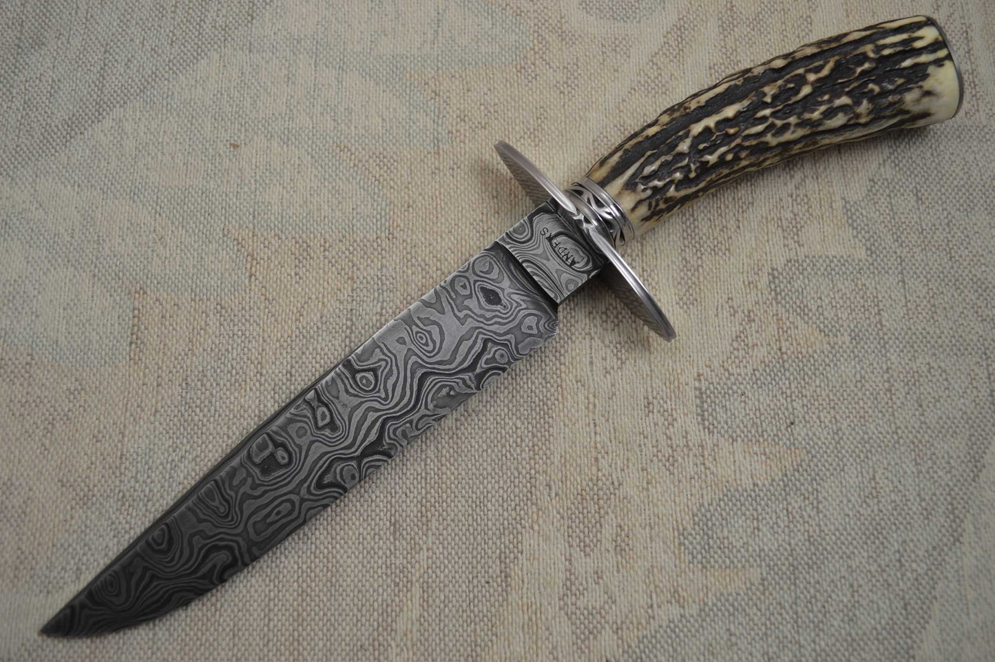 David Anders M.S. Damascus / Stag Bowie, Rowe Leather Sheath (SOLD)