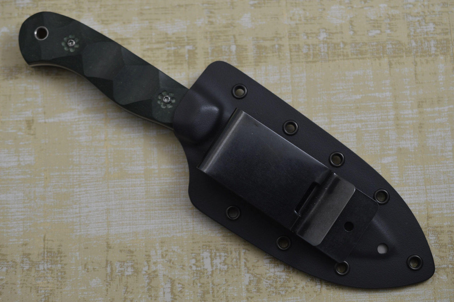 James Scroggs Drop Point Hunter, Green Warwood Handle, Boltaron Thermoplastic Sheath