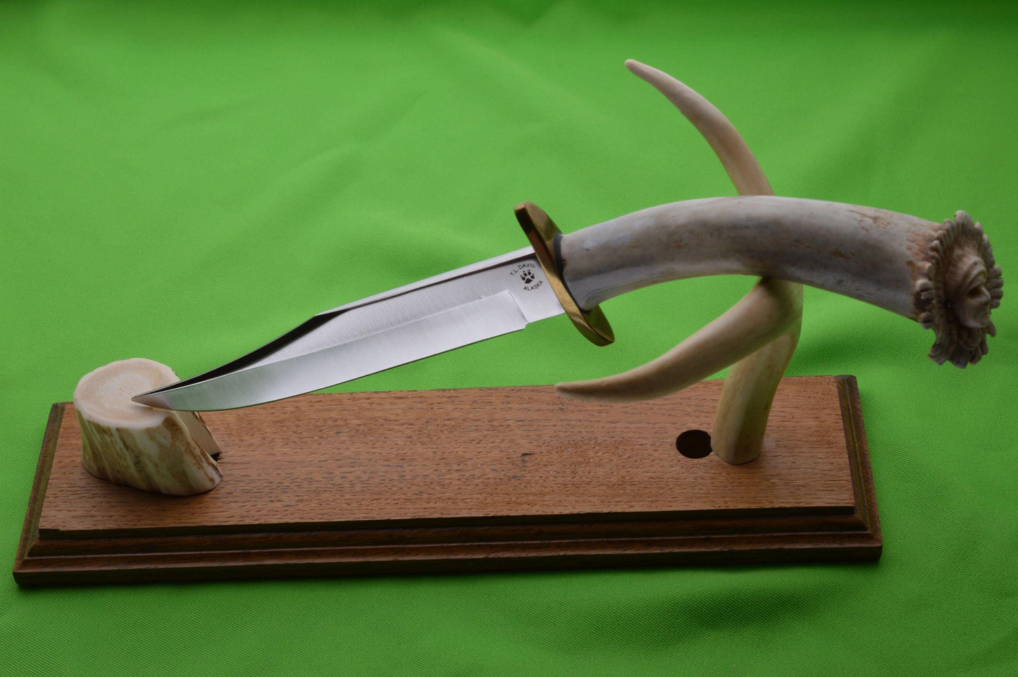 T.L. Davis Wolftrack Stag Carved Native American Indian Chief Head Fixed Blade Knife, Display Stand (SOLD)