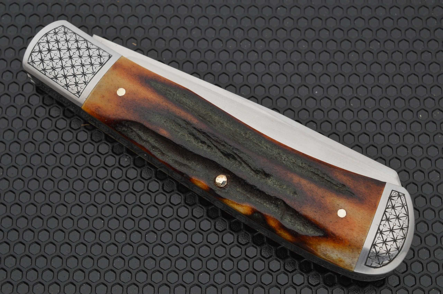 Bill Ruple 2-Blade Amber Stag Trapper, Engraved Bolsters, Slip-Joint Knife (SOLD)