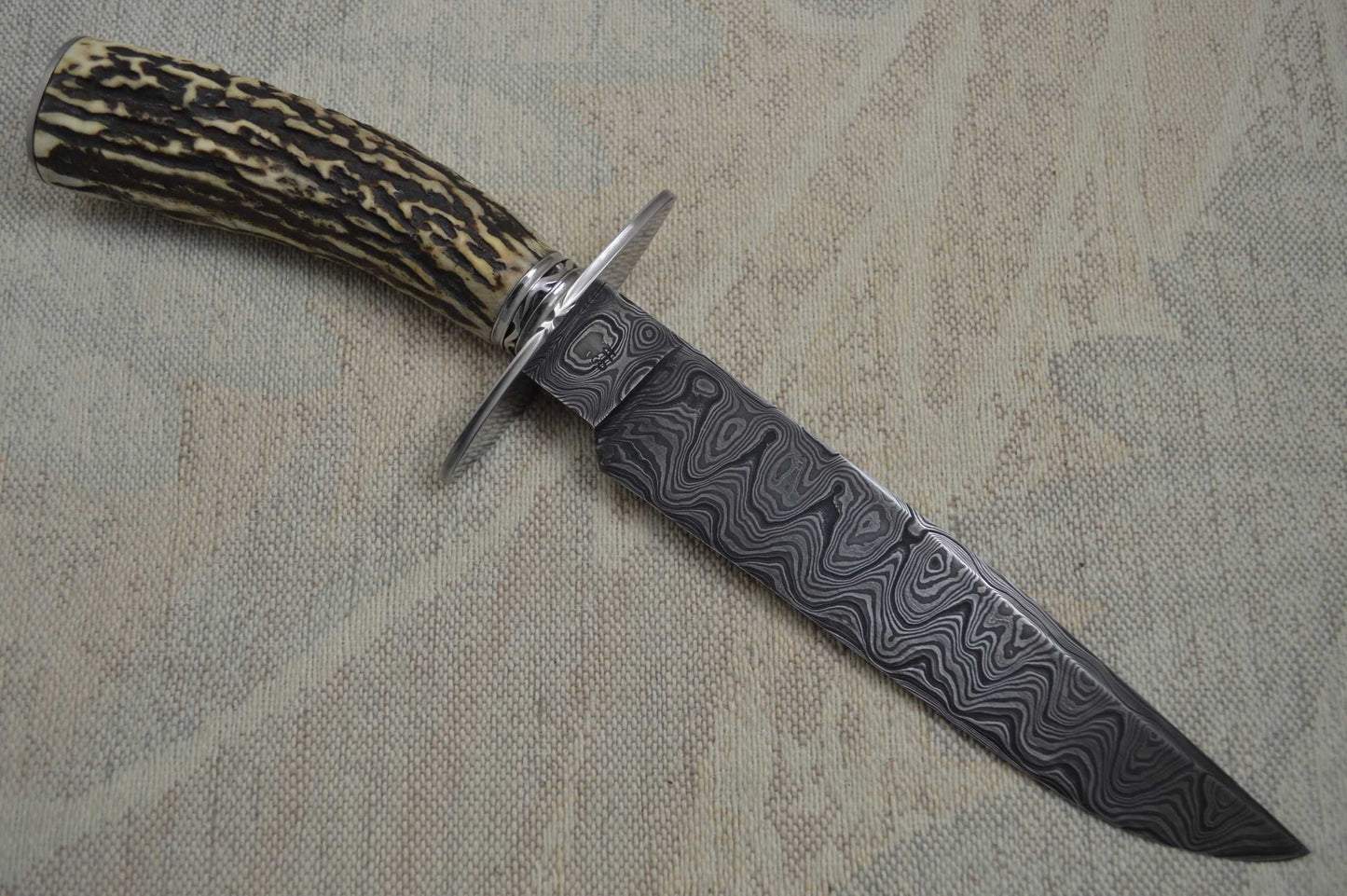 David Anders M.S. Damascus / Stag Bowie, Rowe Leather Sheath (SOLD)