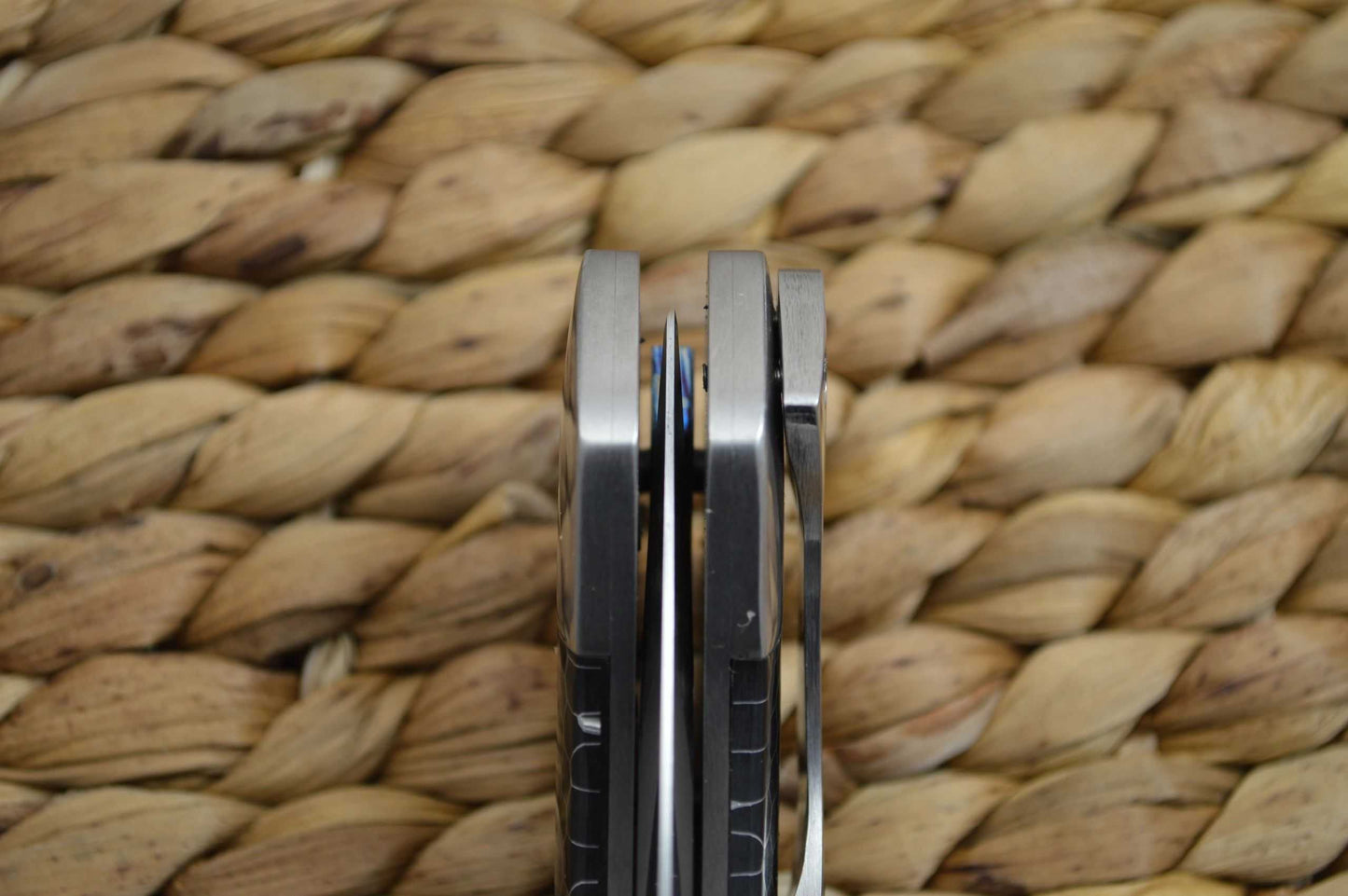 Olamic Cutlery Wayfarer Compact Flipper, Dark Blue C-TEK, Ti Damascus Floating Back Spacer (SOLD)