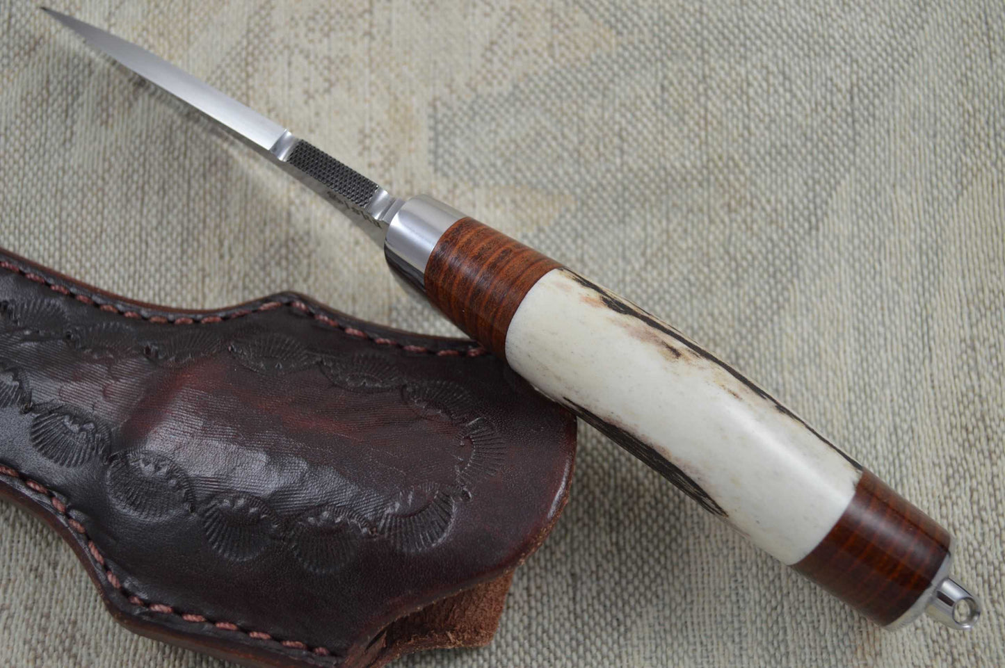 Jim Siska Drop Point Recurve Hunter, Stag and Stacked Leather Handle (SOLD)