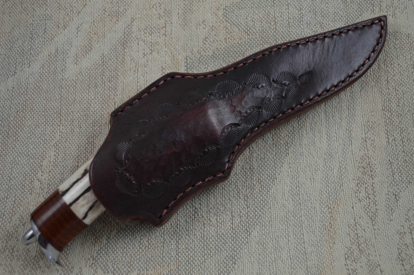 Jim Siska Drop Point Recurve Hunter, Stag and Stacked Leather Handle (SOLD)