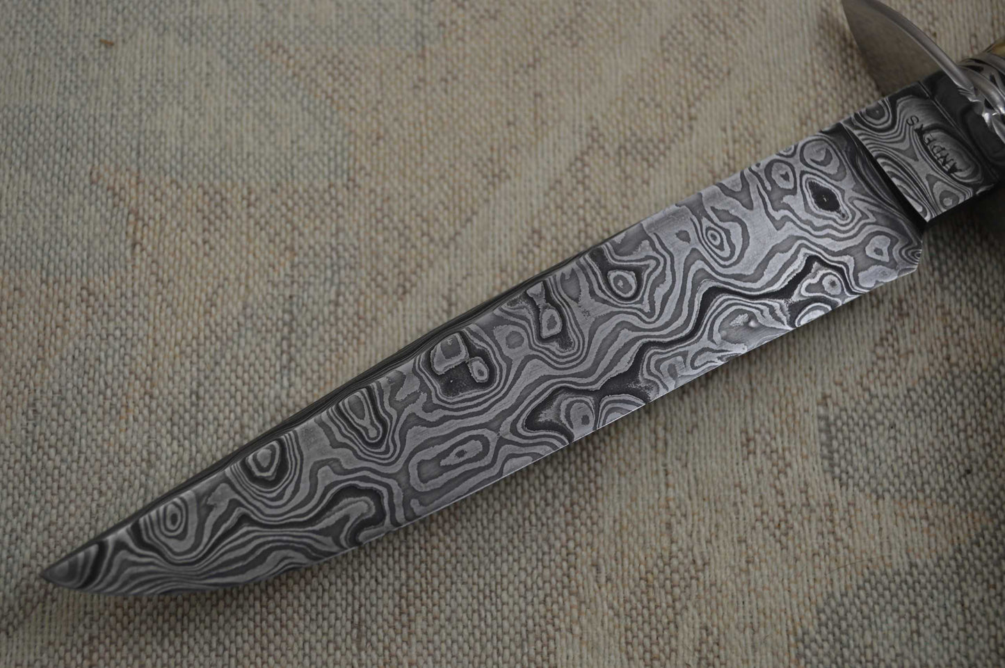 David Anders M.S. Damascus / Stag Bowie, Rowe Leather Sheath (SOLD)