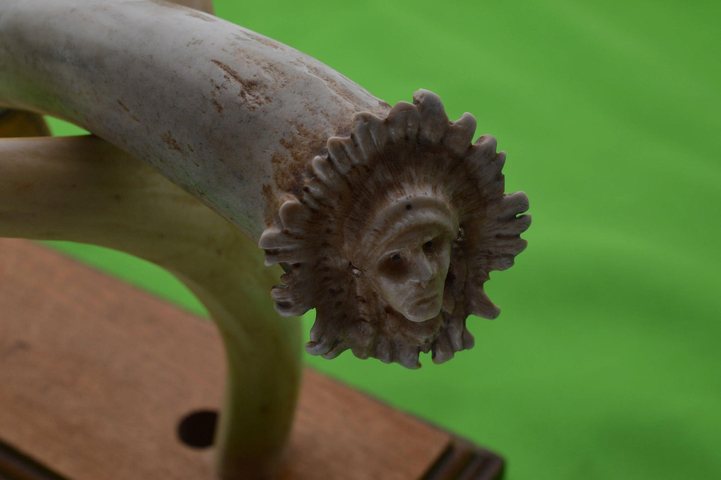 T.L. Davis Wolftrack Stag Carved Native American Indian Chief Head Fixed Blade Knife, Display Stand (SOLD)