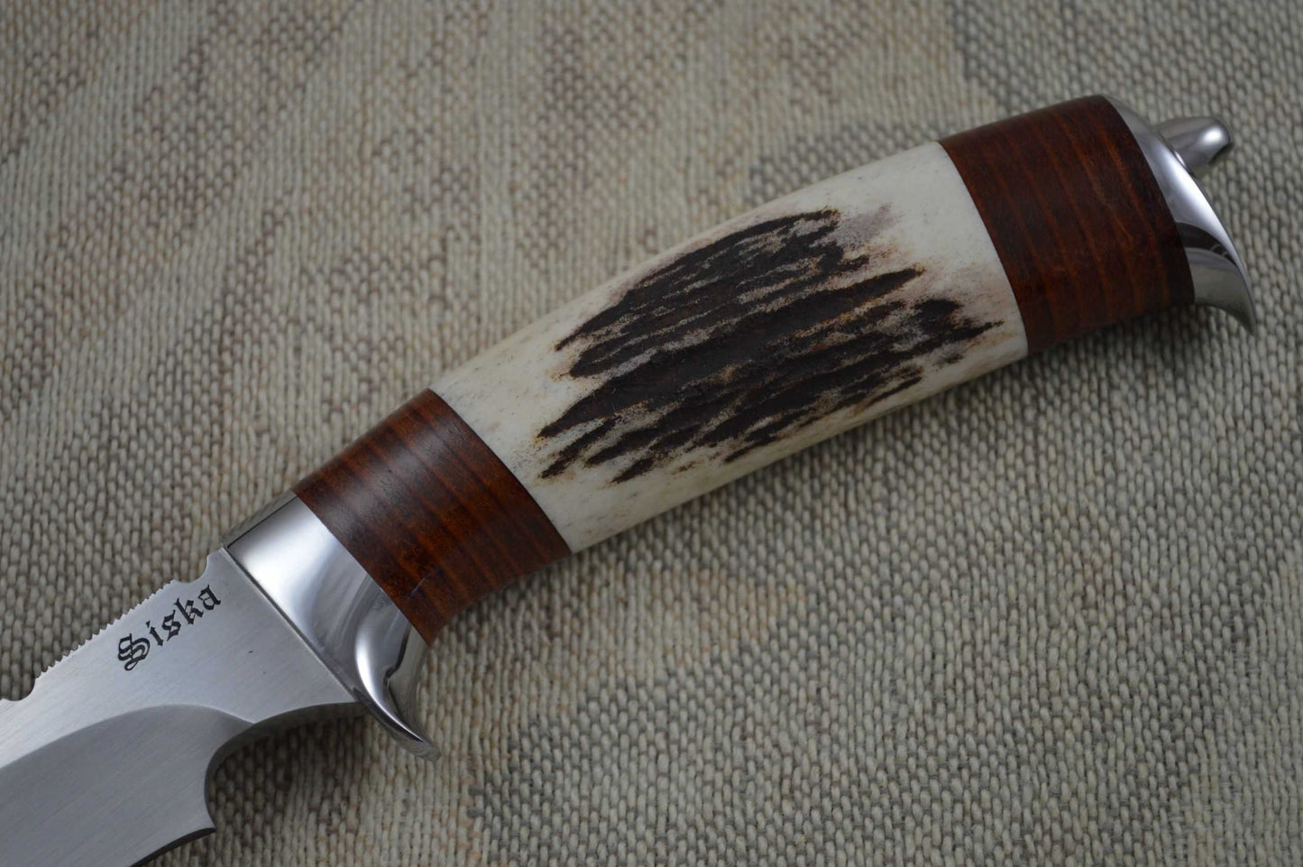 Jim Siska Drop Point Recurve Hunter, Stag and Stacked Leather Handle (SOLD)