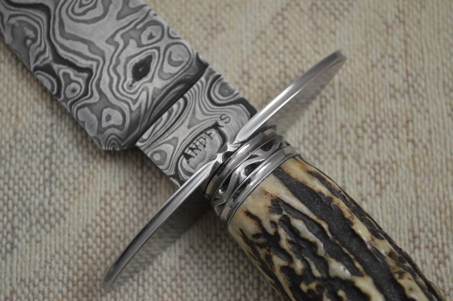 David Anders M.S. Damascus / Stag Bowie, Rowe Leather Sheath (SOLD)