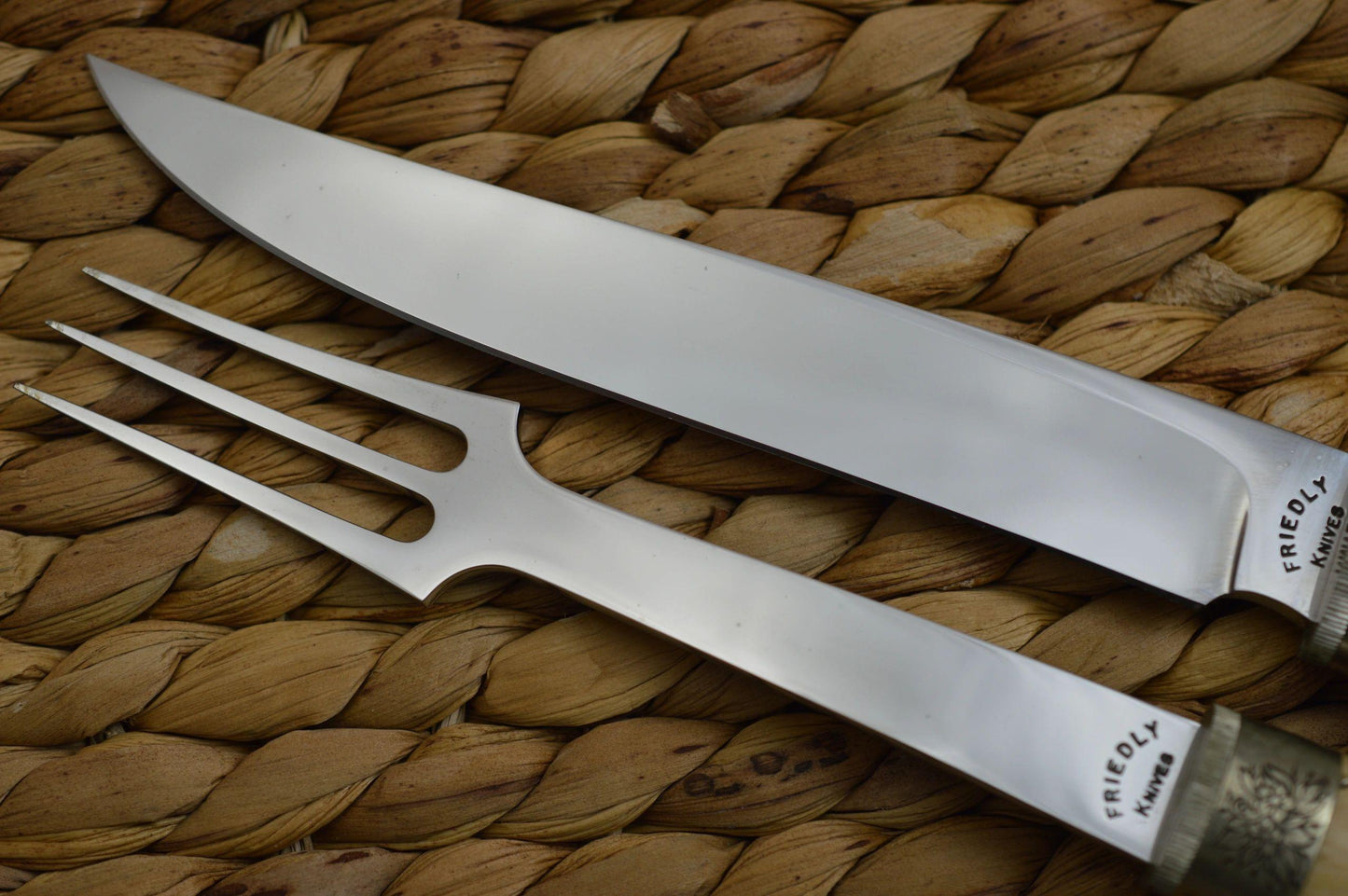 Dennis "D.E." Friedly Fossilized, Engraved, Camp, Picnic Carving Set (SOLD)