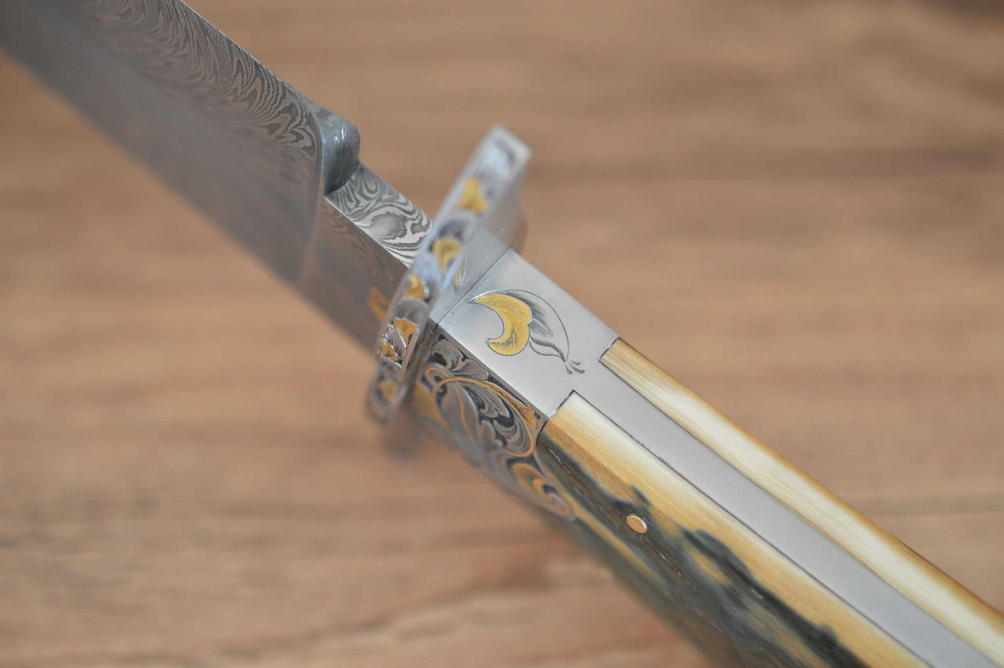Steve Dunn M.S. Large Damascus Bowie, Mammoth Scales, 24K Gold Engraved