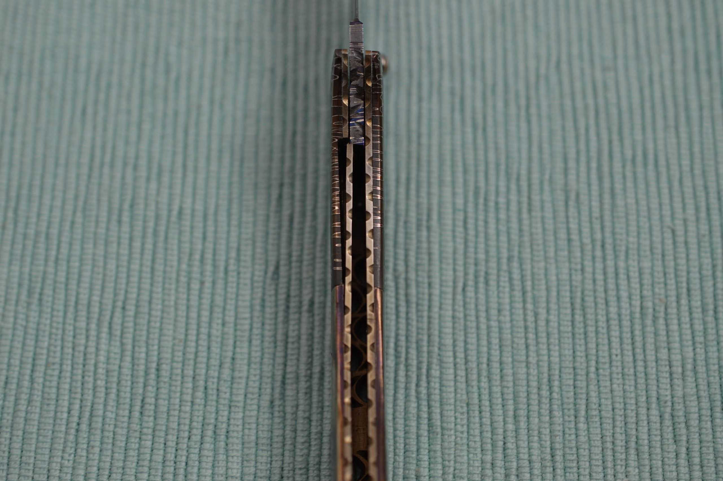 Joe Olson "Apocalypse" Interframe Folder, Damascus, Abalone, Ruby Thumbstud (SOLD)