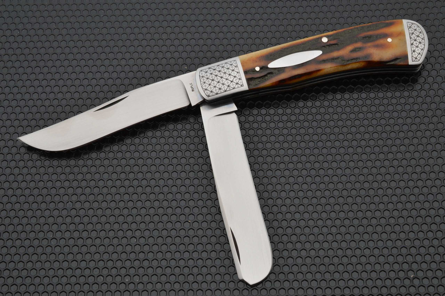Bill Ruple 2-Blade Amber Stag Trapper, Engraved Bolsters, Slip-Joint Knife (SOLD)