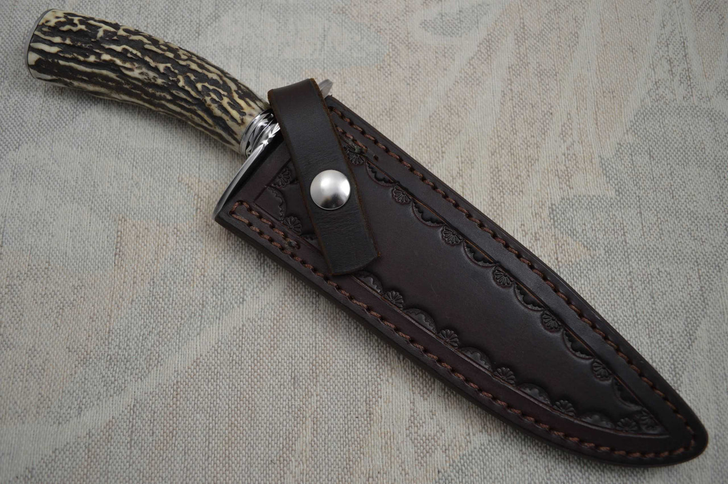 David Anders M.S. Damascus / Stag Bowie, Rowe Leather Sheath (SOLD)