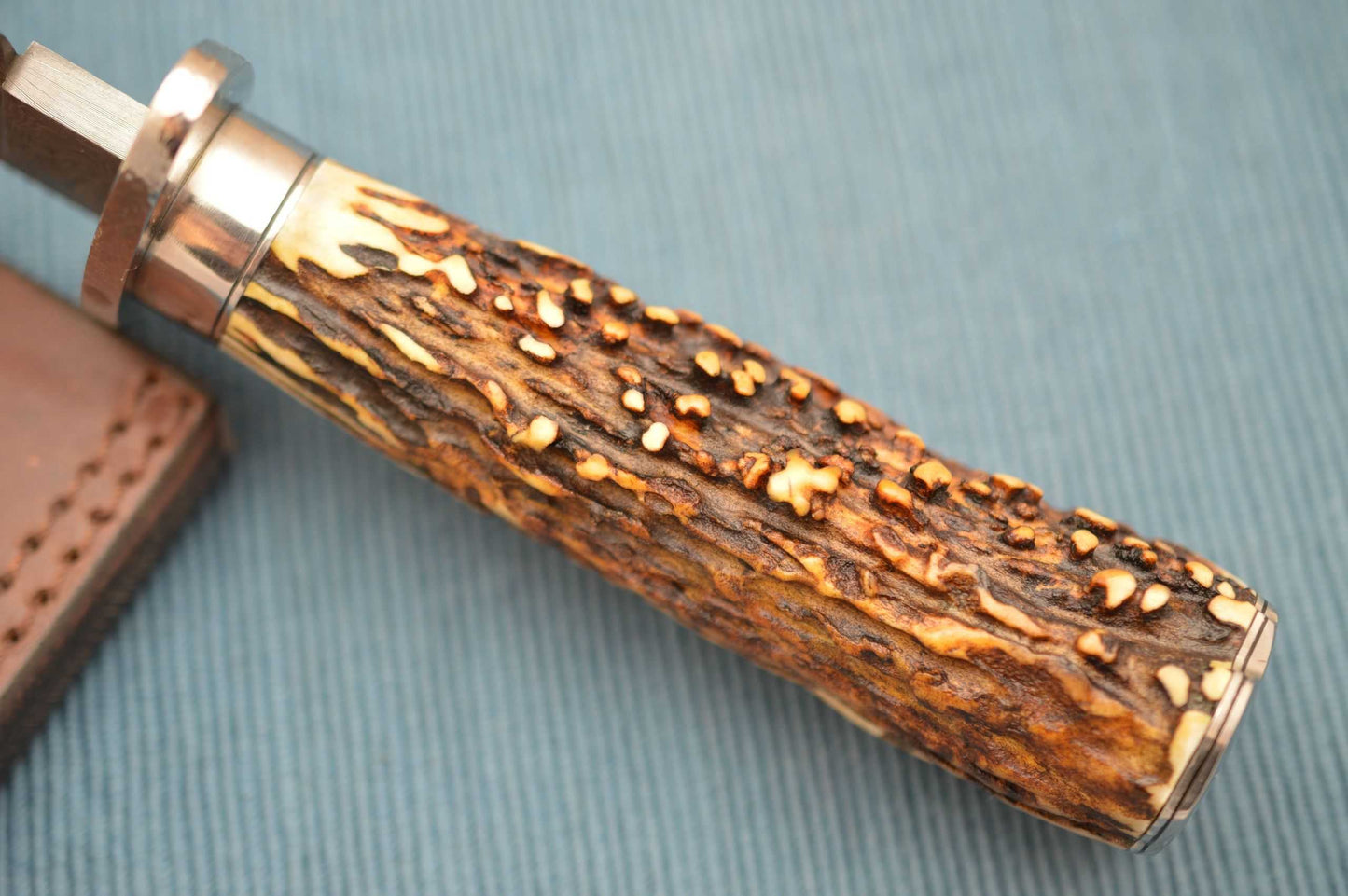 Mike Ruth Stag Damascus Bowie Knife + Rowe Leather Sheath