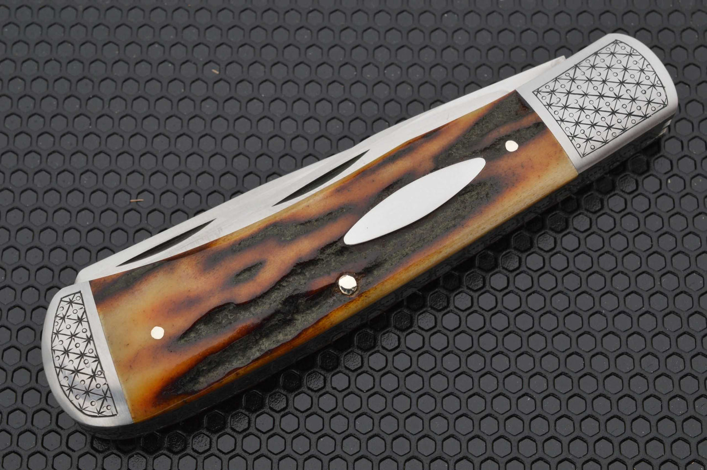 Bill Ruple 2-Blade Amber Stag Trapper, Engraved Bolsters, Slip-Joint Knife (SOLD)
