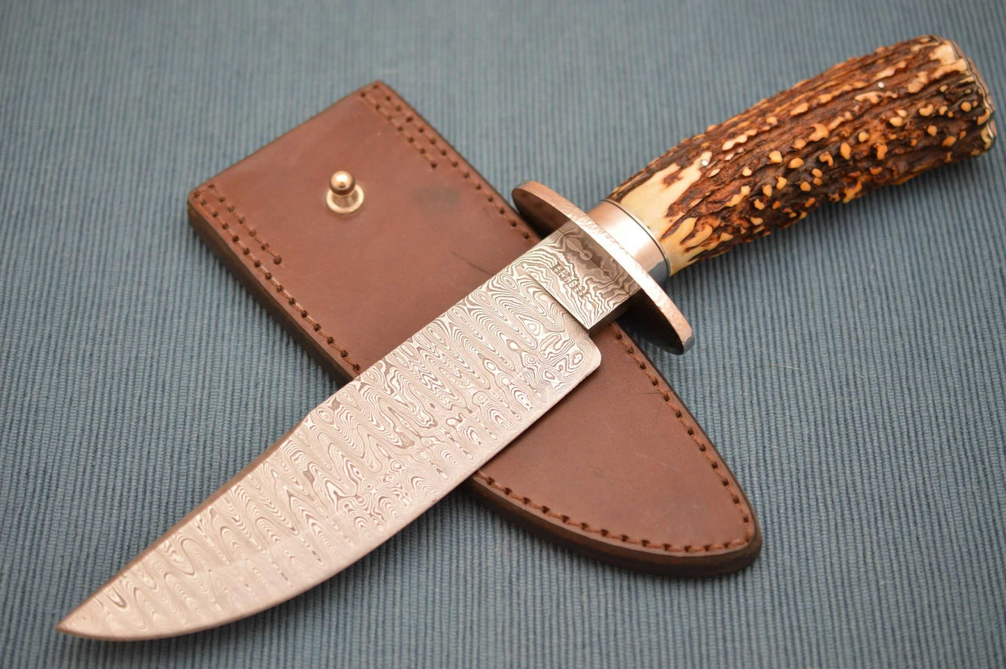 Mike Ruth Stag Damascus Bowie Knife + Rowe Leather Sheath
