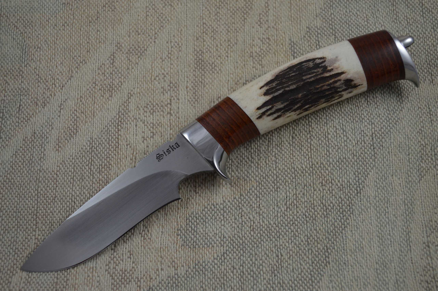 Jim Siska Drop Point Recurve Hunter, Stag and Stacked Leather Handle (SOLD)