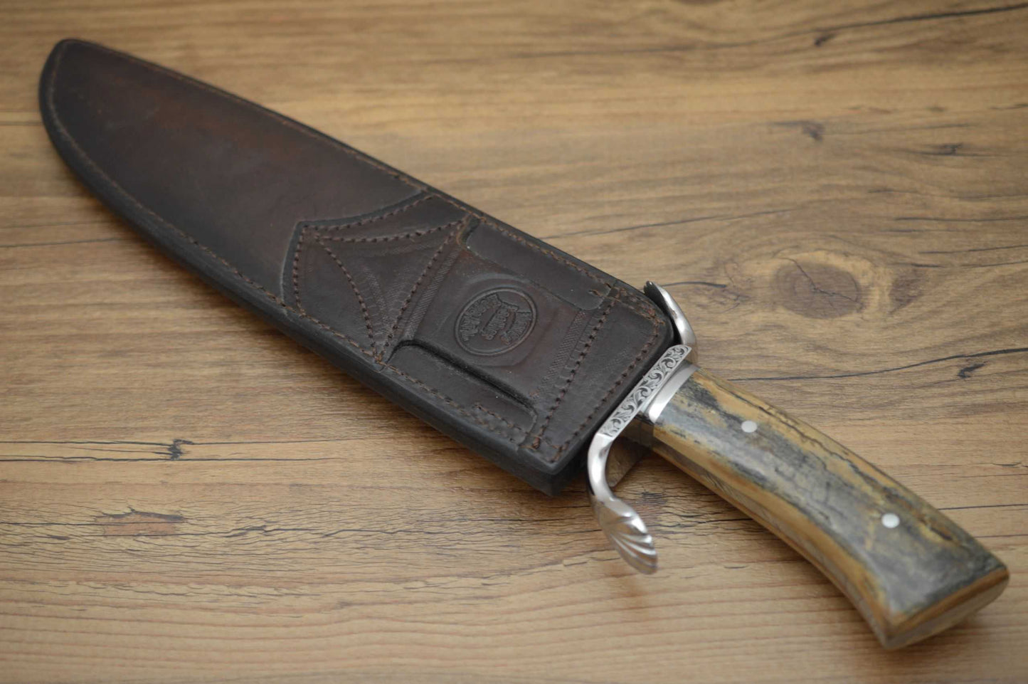 Mike Ruth Mammoth Damascus Frame Handle Seashell Bowie Knife + Rowe Leather Sheath