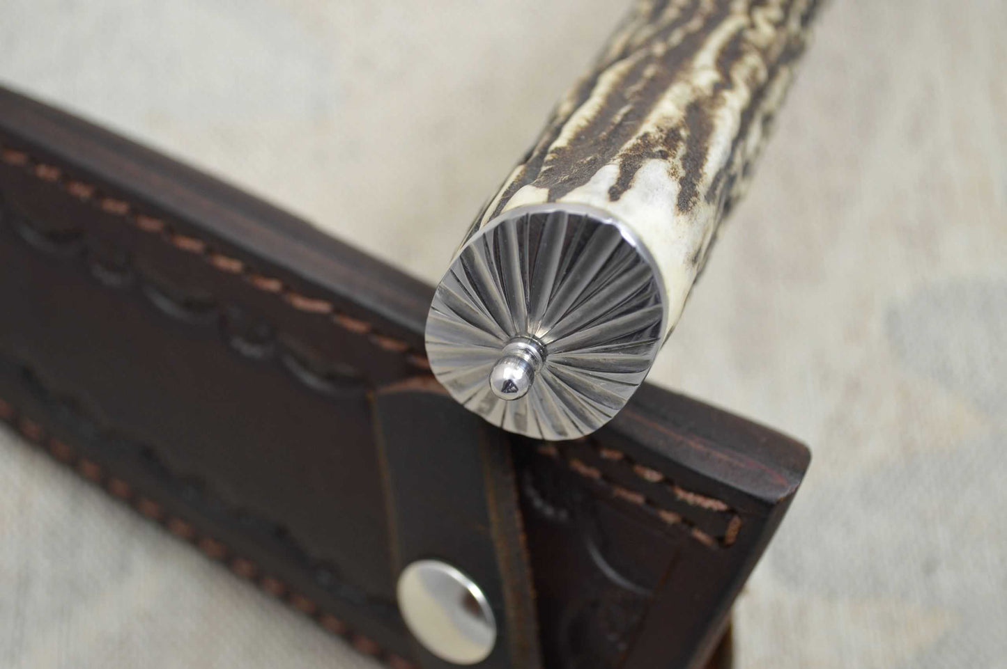 David Anders M.S. Damascus / Stag Bowie, Rowe Leather Sheath (SOLD)