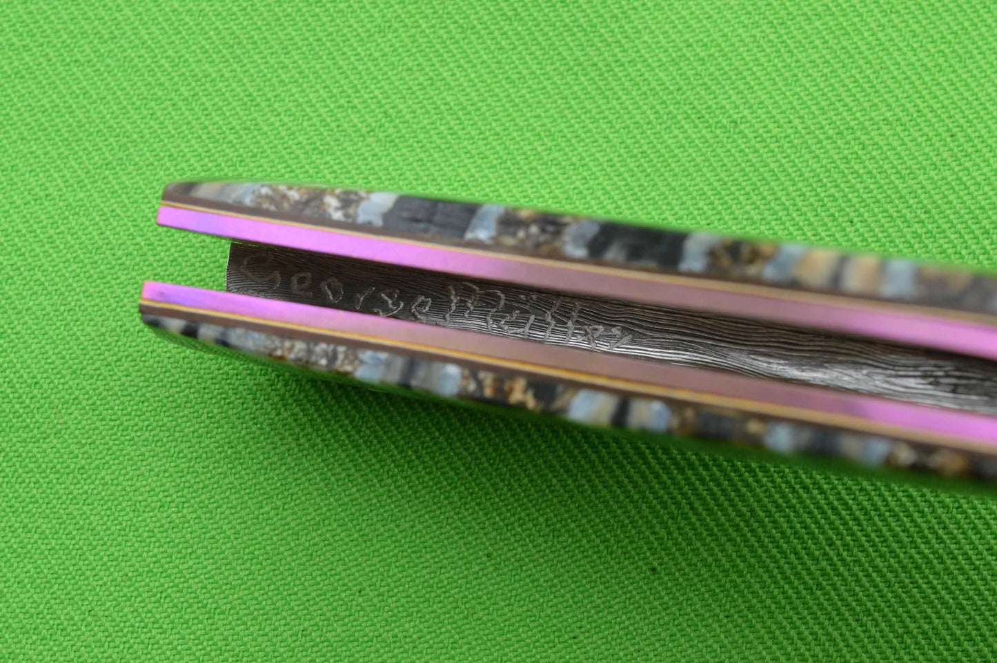 George Muller Fossil Molar and Damascus Liner-Lock Folding Knife (SOLD)