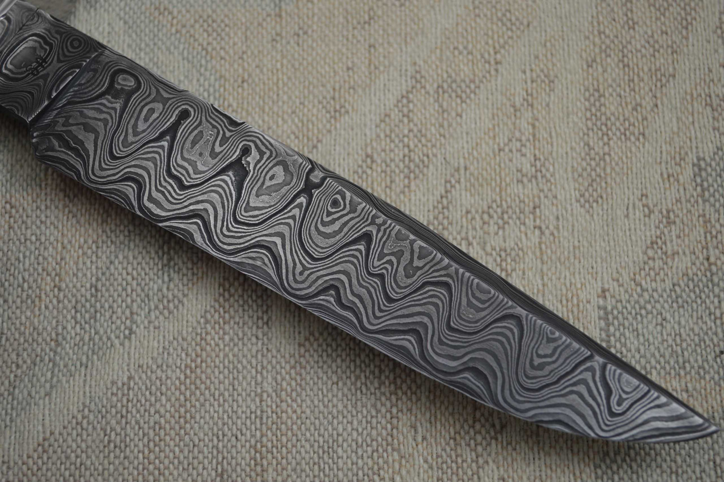 David Anders M.S. Damascus / Stag Bowie, Rowe Leather Sheath (SOLD)