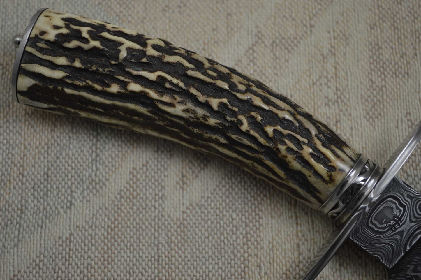 David Anders M.S. Damascus / Stag Bowie, Rowe Leather Sheath (SOLD)