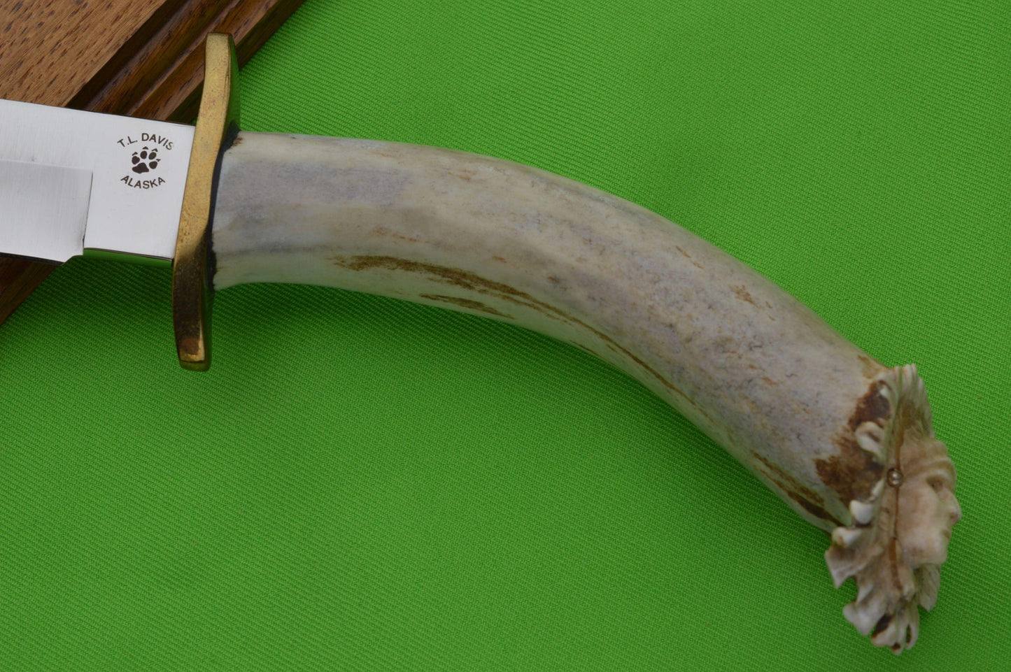T.L. Davis Wolftrack Stag Carved Native American Indian Chief Head Fixed Blade Knife, Display Stand (SOLD)