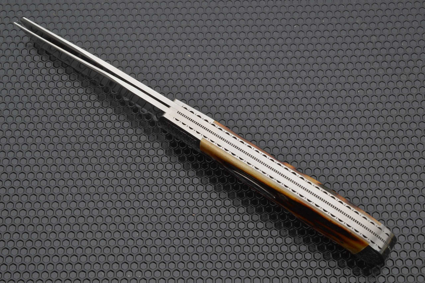 Bill Ruple 2-Blade Amber Stag Trapper, Engraved Bolsters, Slip-Joint Knife (SOLD)