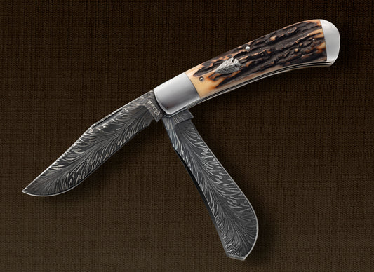 Bubba Crouch 2-Blade Stag and Damascus Trapper, Slip-Joint Folding Knife