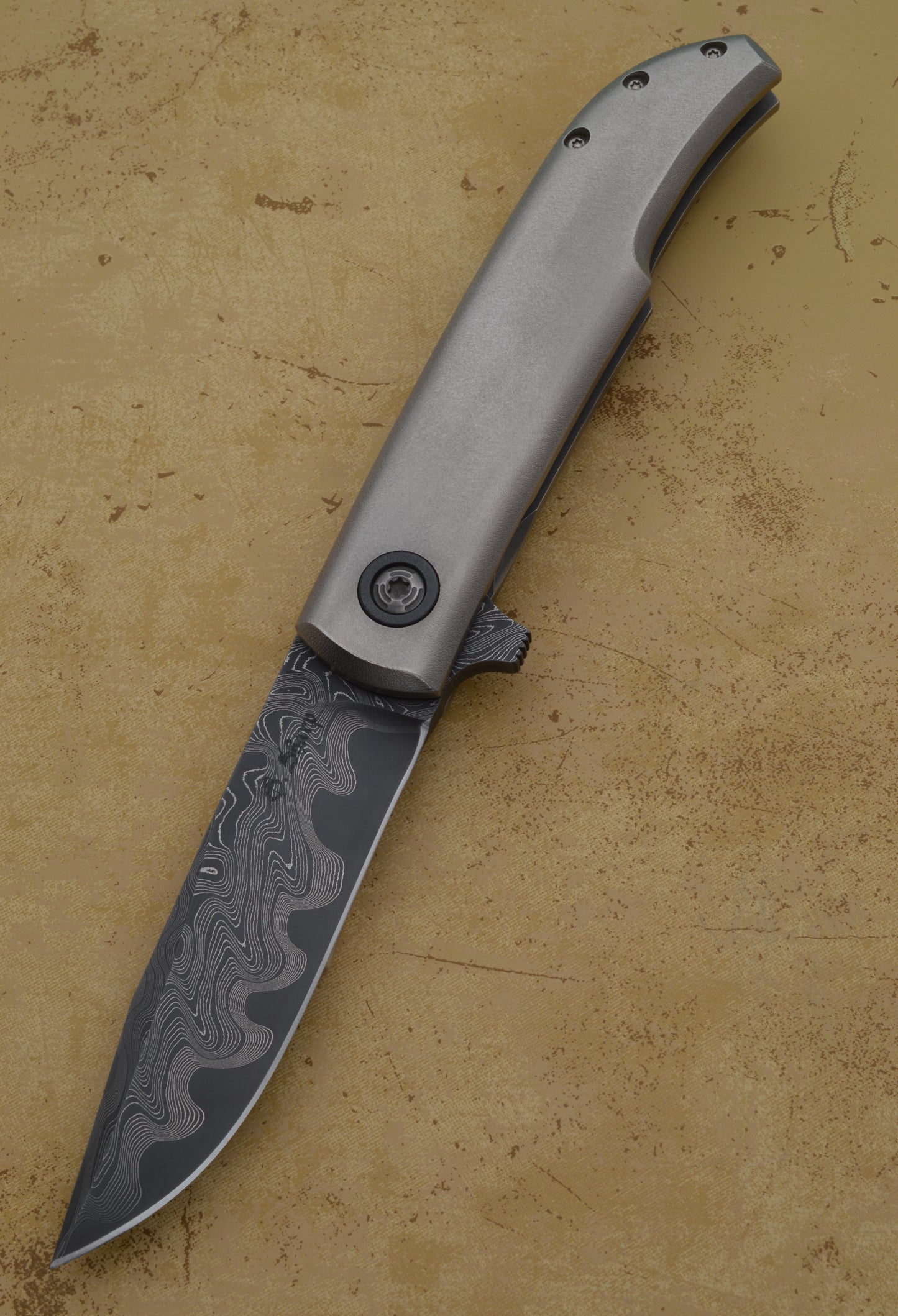 David Sharp San Mai Damascus Frame Horn Flipper, Zirconium Highlights, Frame-Lock Folding Knife