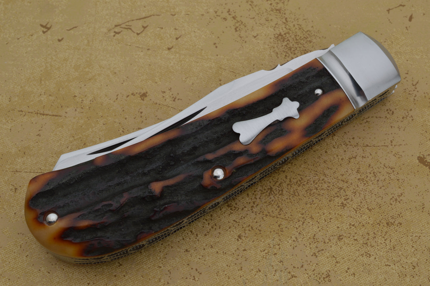 Jim Dunlap 2-Blade Premium Amber Stag Trapper with File-Work Slip-Joint Folding Knife (SOLD)