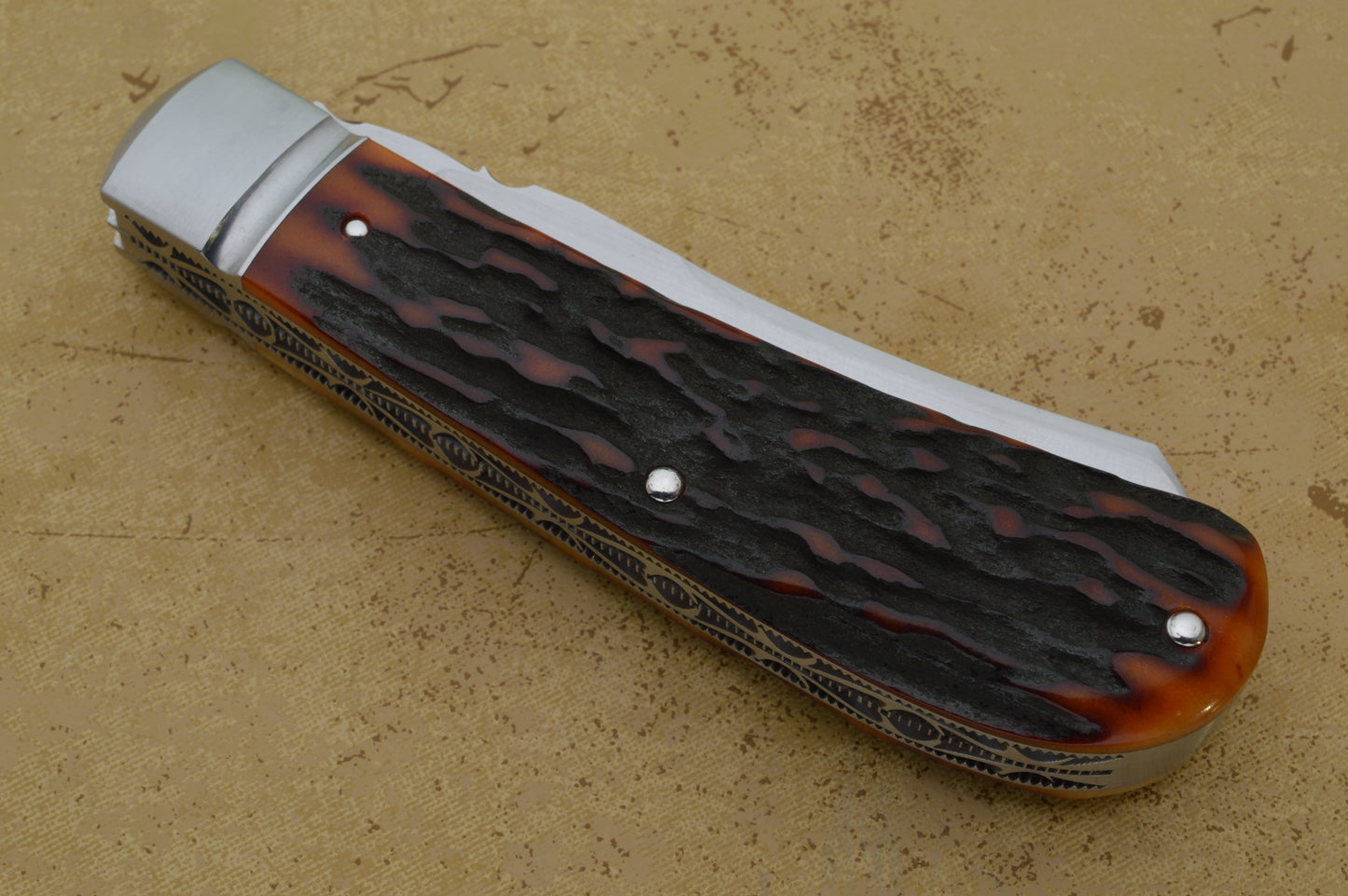 Jim Dunlap 2-Blade Premium Amber Stag Trapper with File-Work Slip-Joint Folding Knife (SOLD)