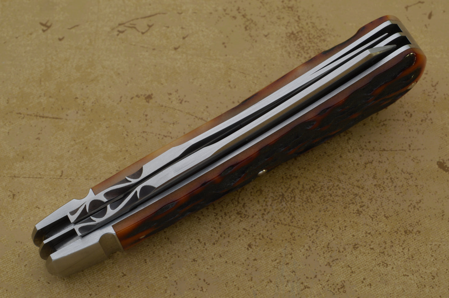 Jim Dunlap 2-Blade Premium Amber Stag Trapper with File-Work Slip-Joint Folding Knife (SOLD)