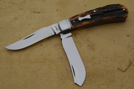 Jim Dunlap 2-Blade Premium Amber Stag Trapper with File-Work Slip-Joint Folding Knife (SOLD)