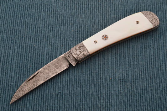 Steve Dunn M.S. Damascus Pearl Wharncliffe Trapper Slip-Joint Folding Knife