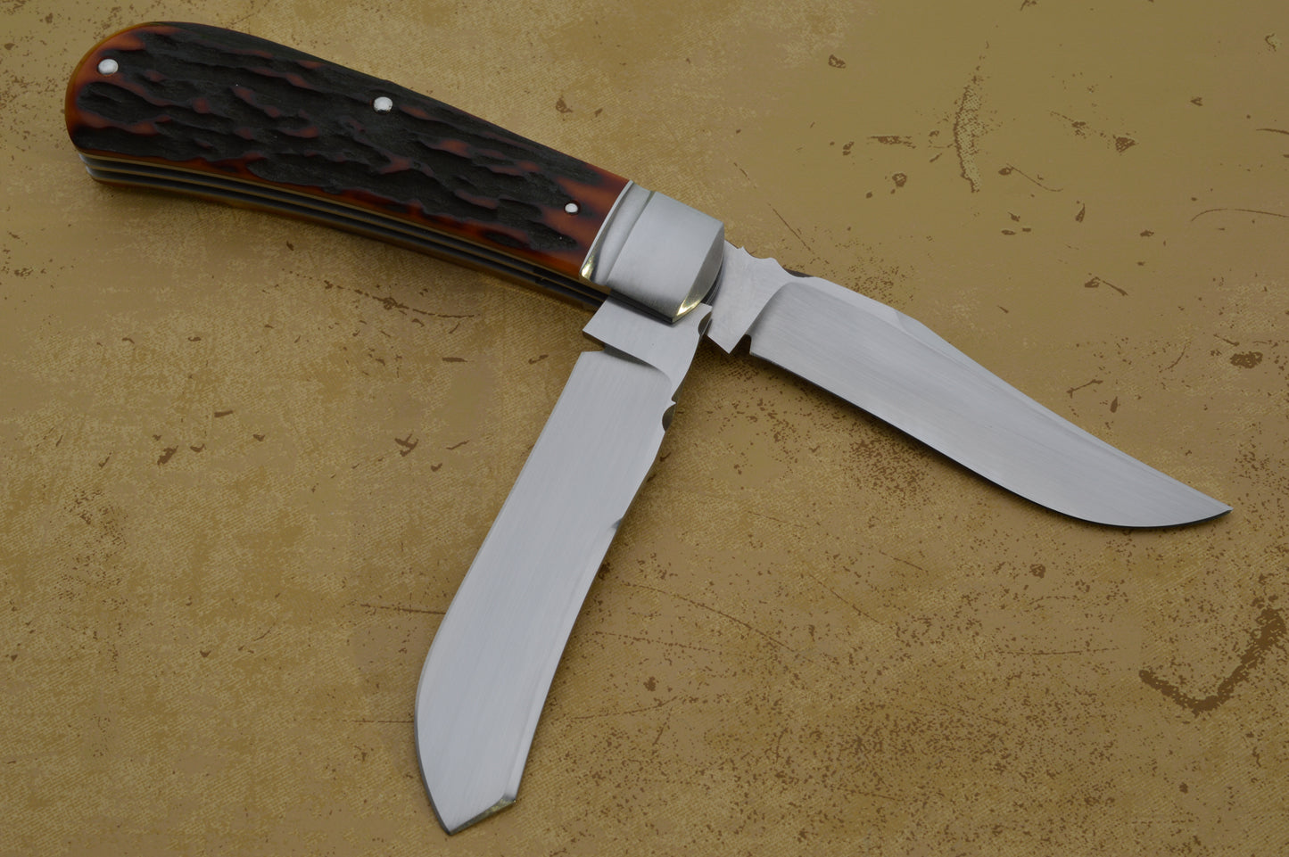 Jim Dunlap 2-Blade Premium Amber Stag Trapper with File-Work Slip-Joint Folding Knife (SOLD)