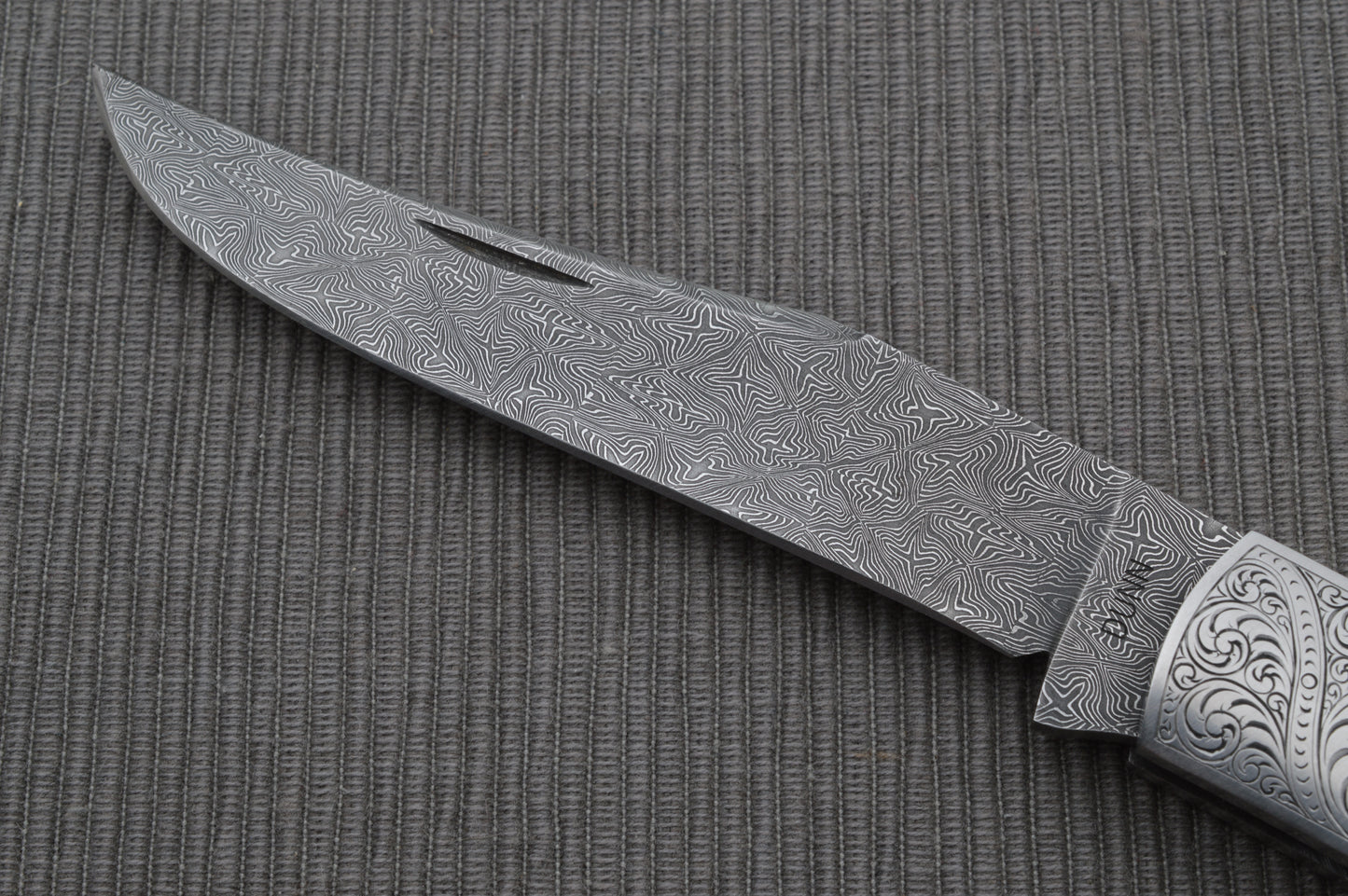 Steve Dunn M.S. Damascus Engraved Goat Horn Trapper, Slip-Joint Folding Knife