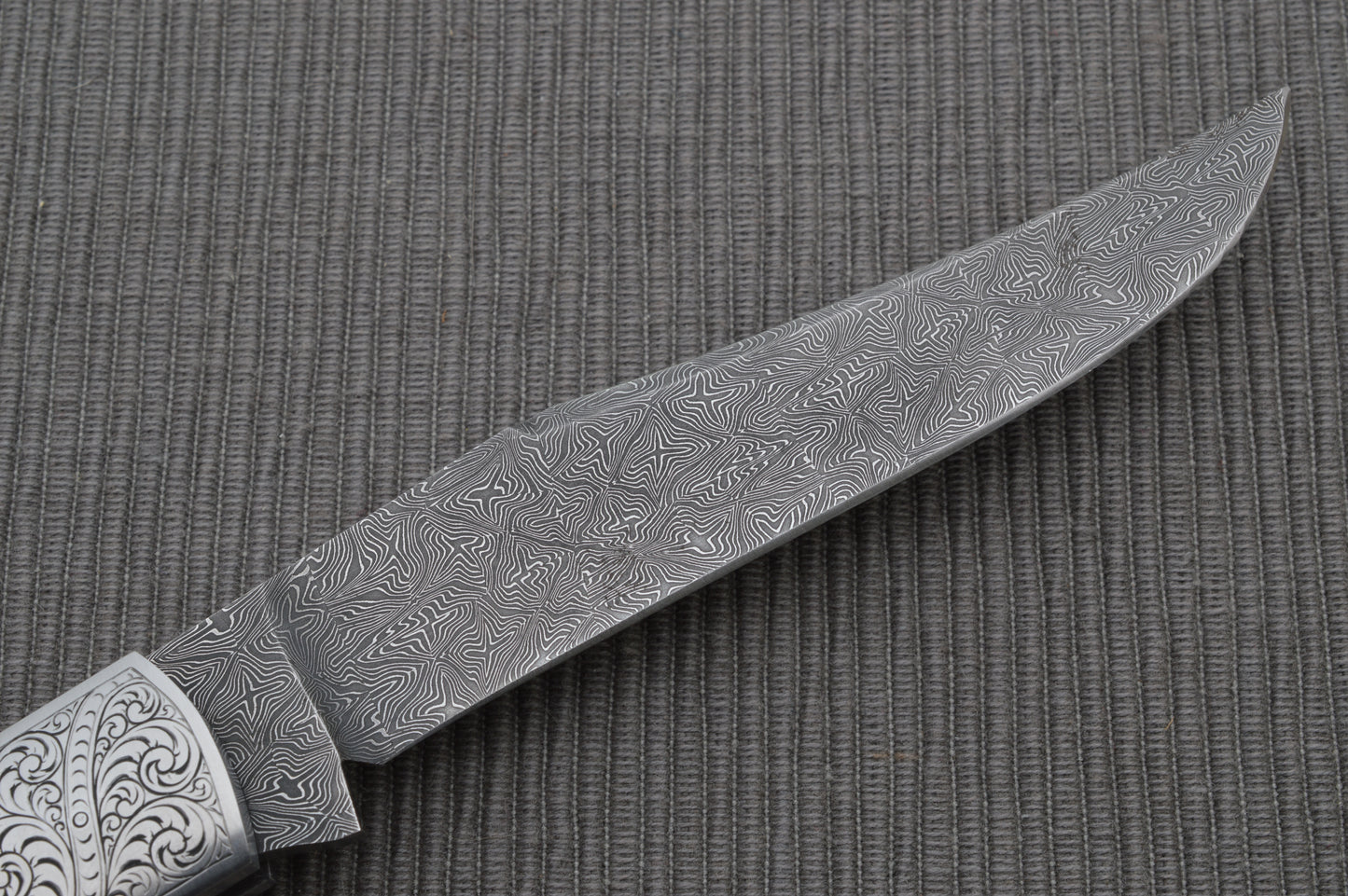 Steve Dunn M.S. Damascus Engraved Goat Horn Trapper, Slip-Joint Folding Knife